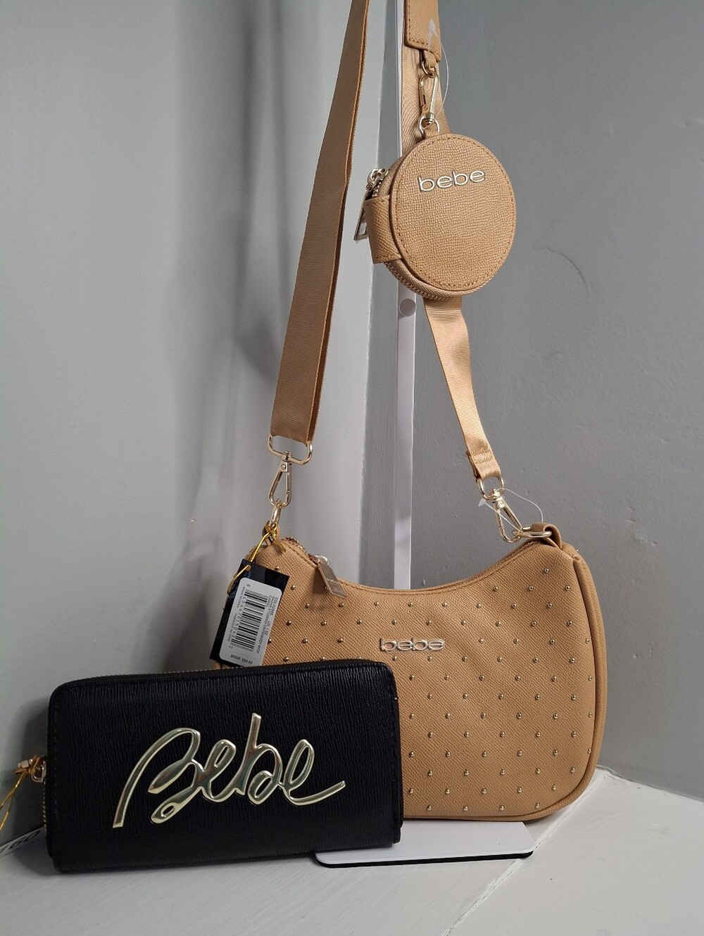 Bebe Camel Studded Crossbody Bag w/ pouch & Gianna Wristlet Wallet NWT Set